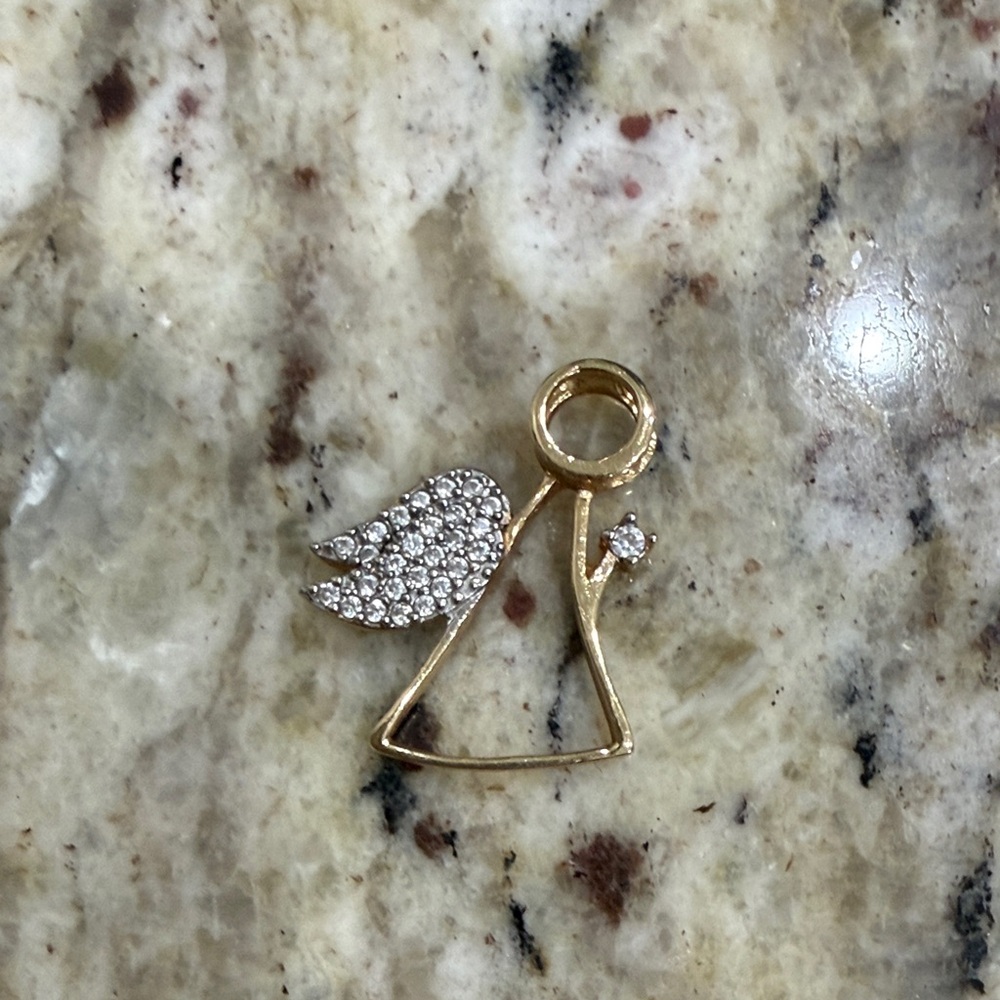 14KT Gold Angel Pendant with Silver and Cubic Zirconia Rhinestones Accents